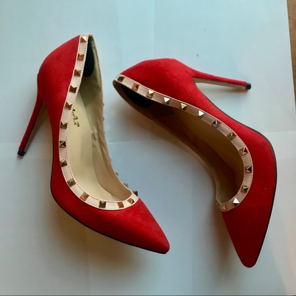 AOOAR | Red Suede Studded Heels | 0120